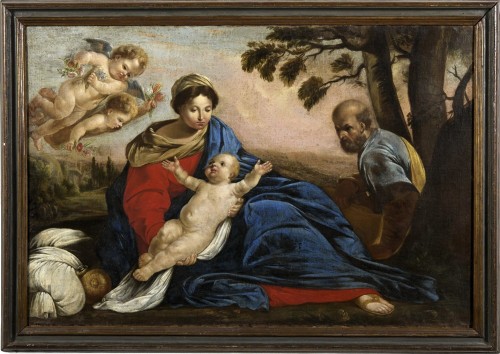 La Sainte Famille, repos pendant la fuite en Égypte, École bolonaise début du XVIIe siècle - Tableaux et dessins Style Louis XIV